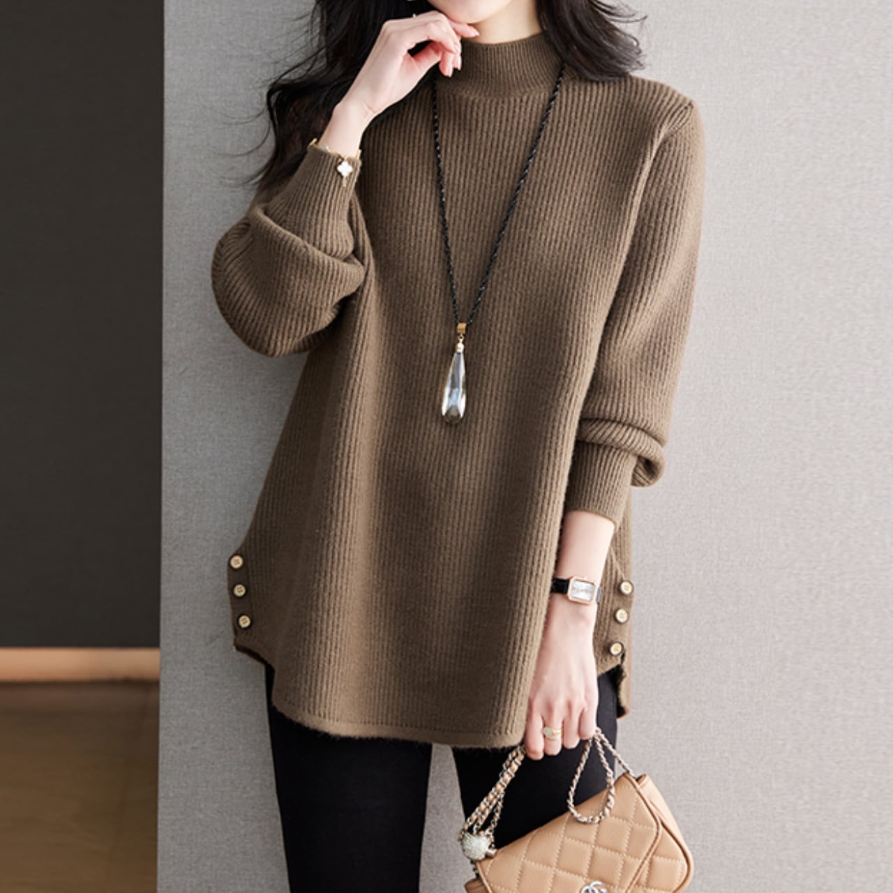 裾ボタン付きゆったりリブニット Me0588