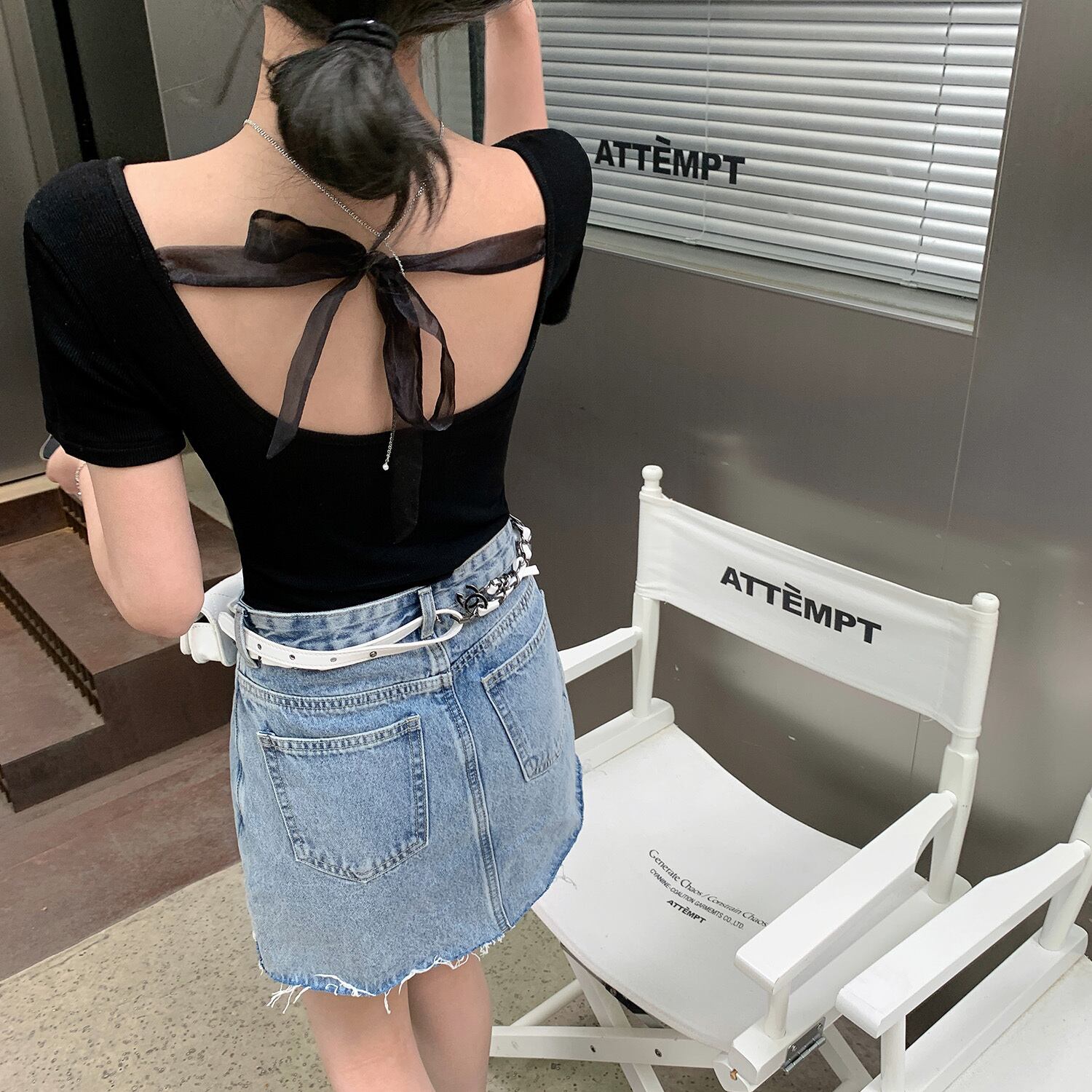 ホワイトバックスリムリボンシャツ サマーTシャツ 夏物 HUCHUJING10830954725