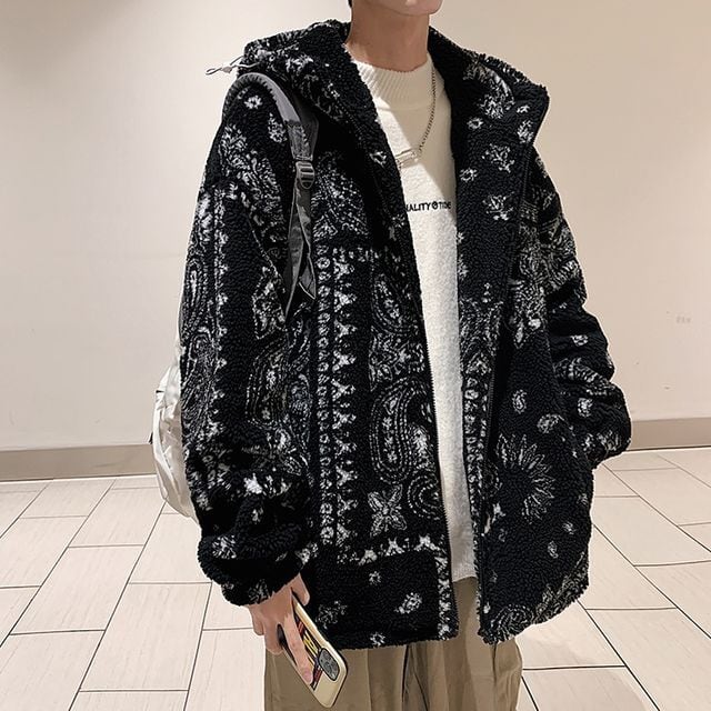 予約販売】ボアブルゾン メンズ ペイズリー柄 モノトーン ショート丈