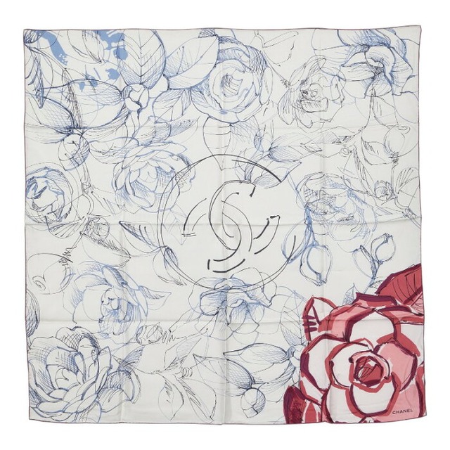 シャネル ココマーク カメリア フラワー 花柄 スカーフ ホワイト マルチカラー シルク レディース CHANEL 【中古】