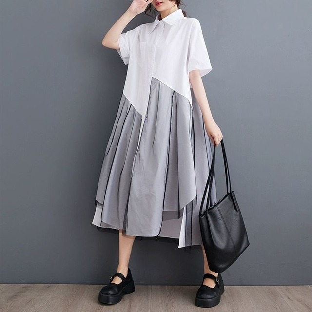 MESH LAYERED IRREGULAR HEM A-LINE MIDI SHIRT DRESS 2colors M-9373