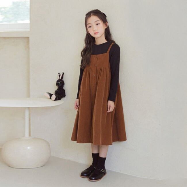 スカート ジャンパースカート コーデュロイ 110-160 ブラウン 韓国子供