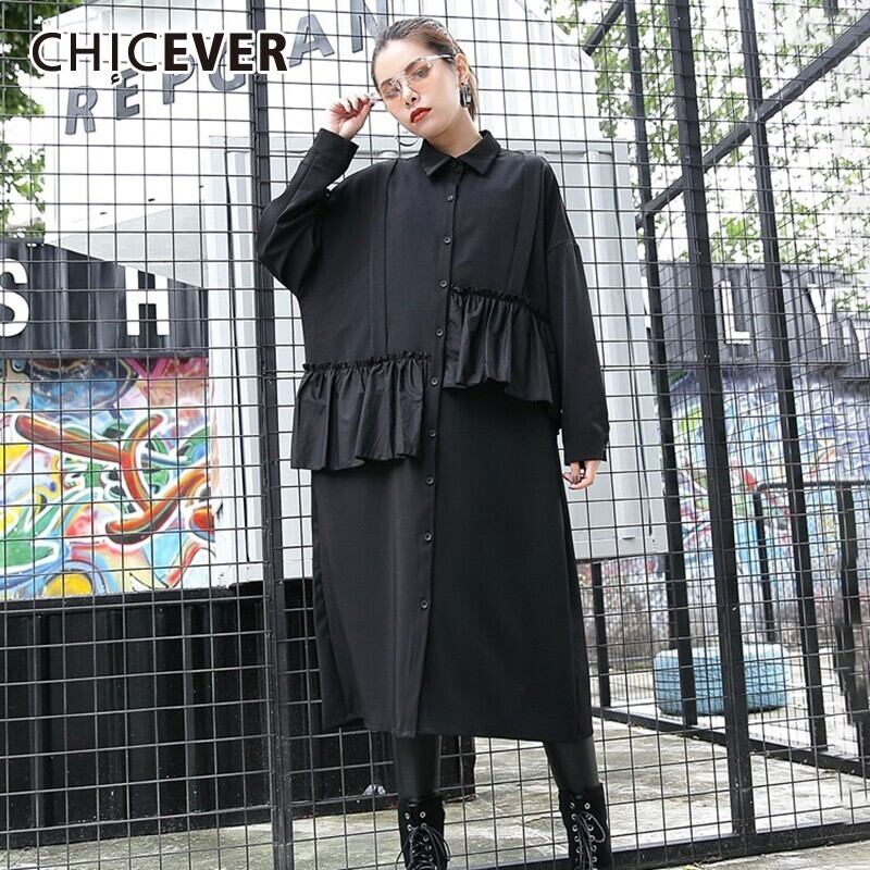 CHICEVERサマーブラックパッチワークフリルドレスレディースラペル長袖ボタンルーズプラスサイズミディストレートドレス ロング ラッフル 大きめサイズ 夏物 6base543676130590