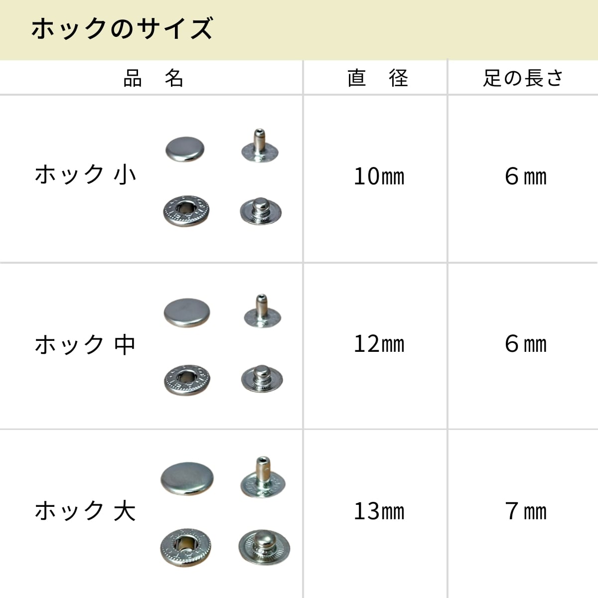 ホック 大 ニッケルシルバー / 10セット / 直径13mm / レザークラフト