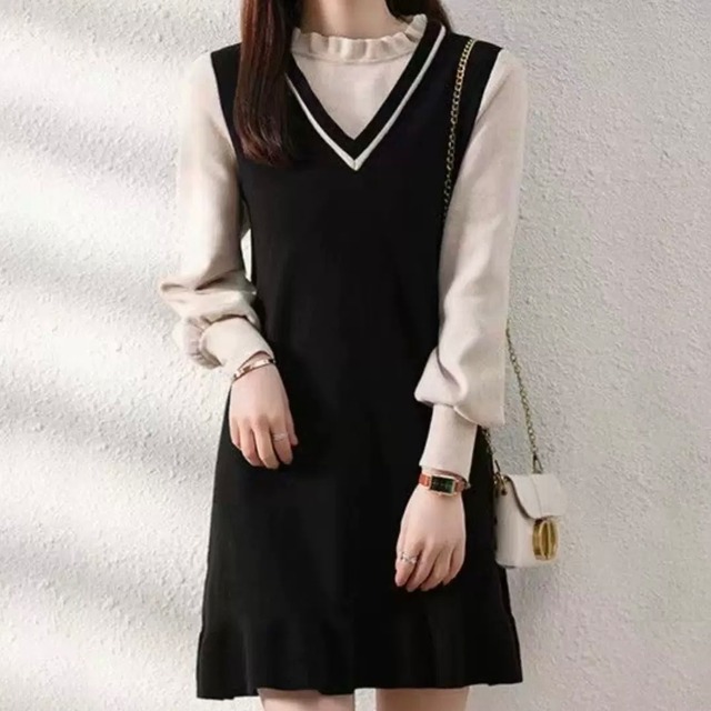大人ガーリー♡フェイクツーピースニットワンピース　E1548