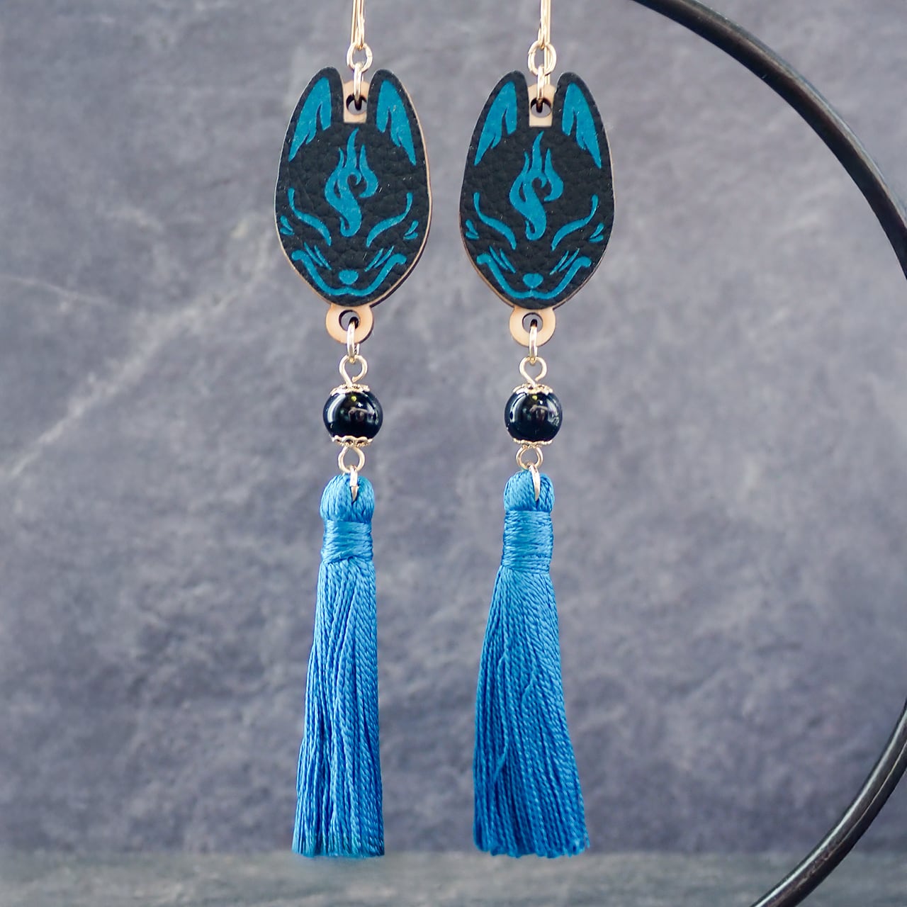 狐面-黒×青-のイヤリング・ピアス　