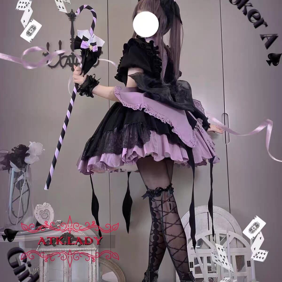 なな様ハンドメイド♡black×purple 小悪魔ツイン⑨ ATK.LADY】L31028 The Poker Witch【ポーカー魔女】ハーフプリーツ