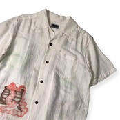 リネン混 Pazzo'S clothes パッゾ フラダンサー デザイン 半袖 アロハシャツ ハワイアンシャツ M/ホワイト メンズ