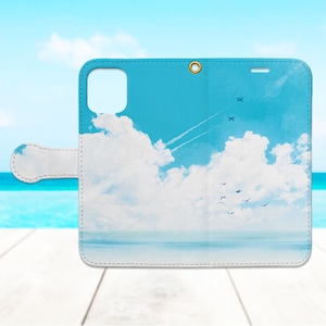 送料無料 iPhone 青空と海と飛行機雲の手帳型スマホケース 選べるスタンド機能 ベルトなし対応