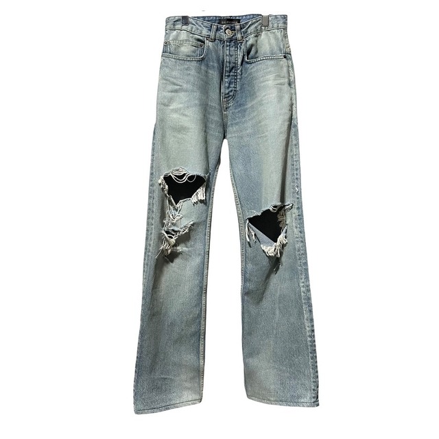 Rare ◇ BALENCIAGA Destroyed Skate Damaged Denim Pants, Wide-Leg Denim, Distressed Finish, XXS, Men's, Unisex