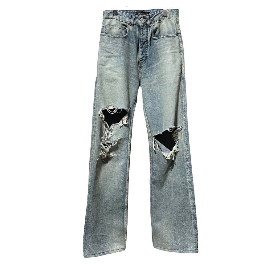 Rare ◇ BALENCIAGA Destroyed Skate Damaged Denim Pants, Wide-Leg Denim, Distressed Finish, XXS, Men's, Unisex