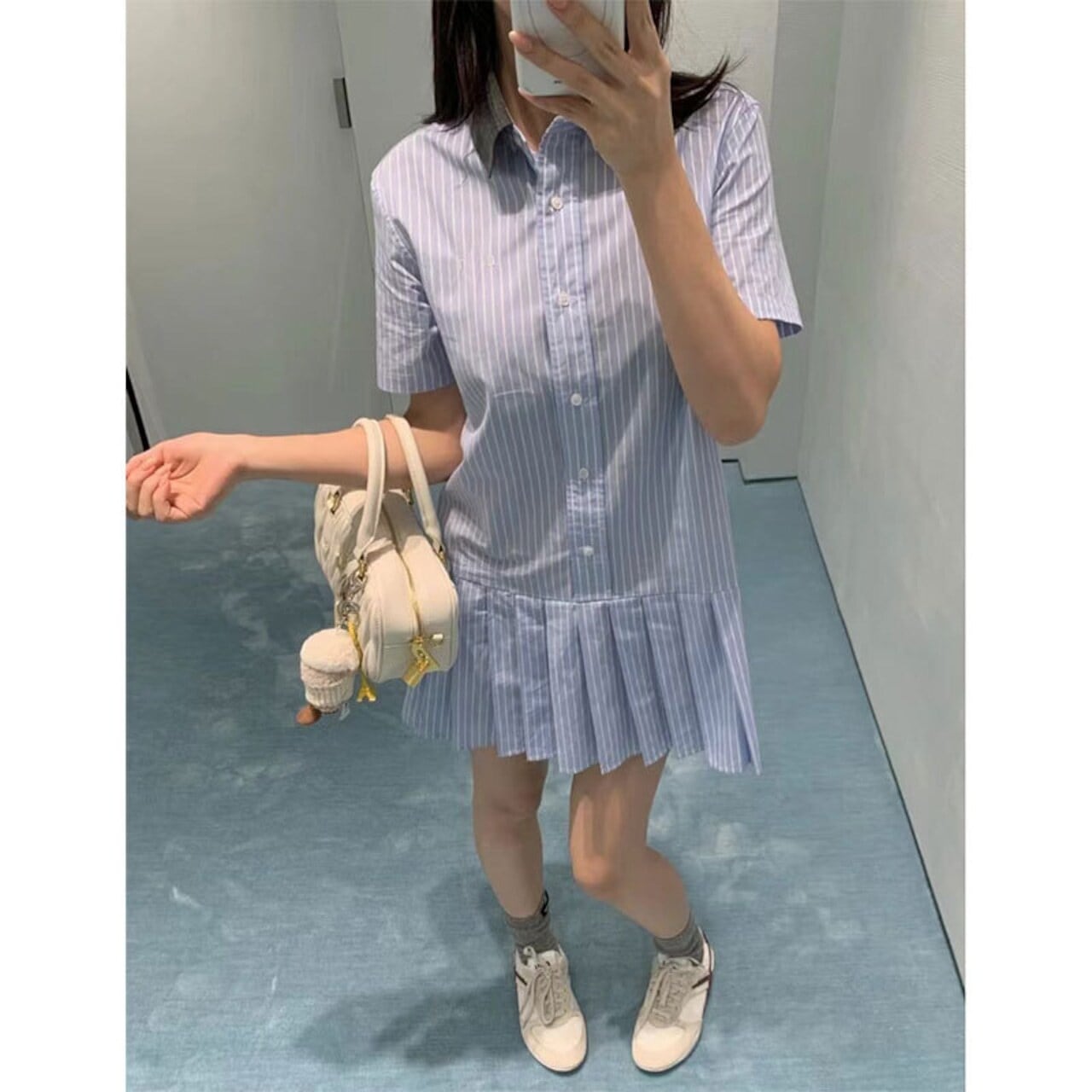 美品★2021SS★120cm familiar 襟付きストライプ半袖ワンピース ecfdf9099a3f6126efa2fce52f3d6c