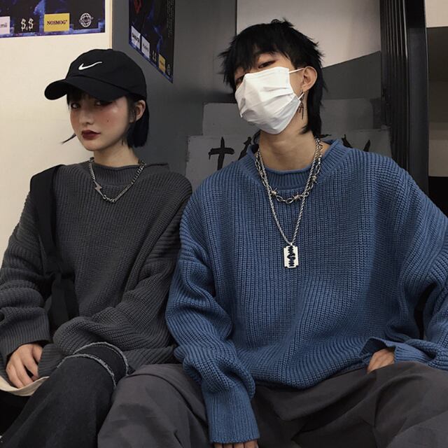 【予約販売】ニット ユニセックス セーター ペア お揃い カップル ラウンドネック ブラック グレー ブルー オーバーサイズ メンズ レディース シンプル こなれ感 ストリート お洒落 韓国 トレンド 秋冬 フリーサイズ