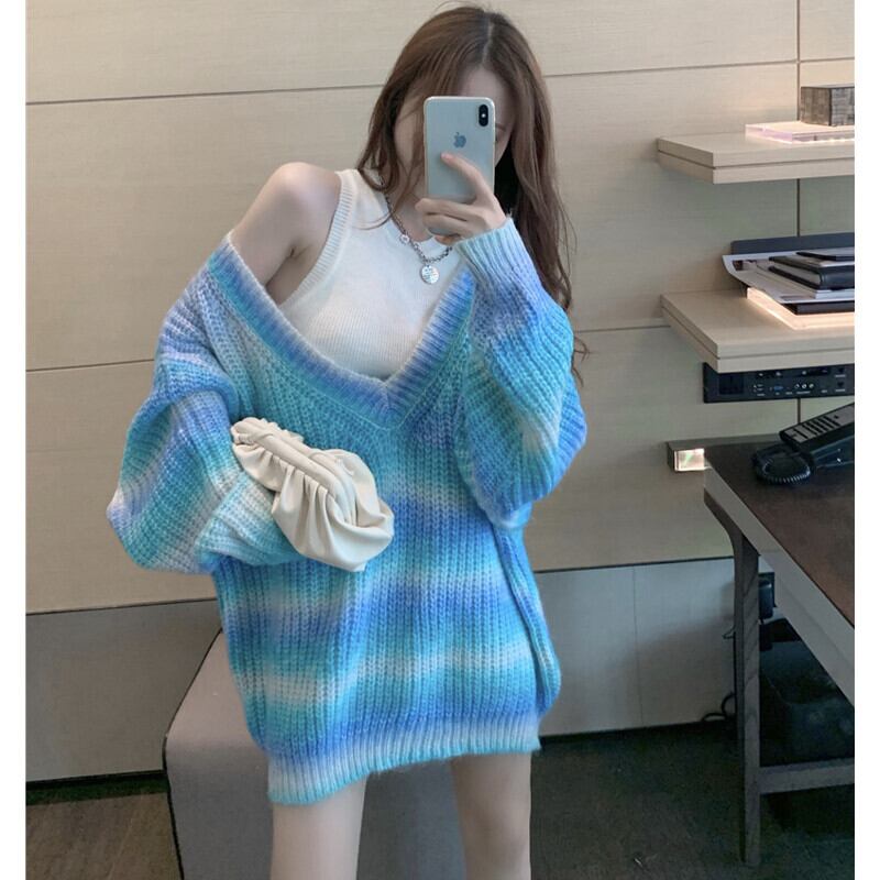 カラーVネックルーズカジュアルニットセーター オータムトップス 大人ガーリー スウィート キュート 秋物 ガールズファッション57817500231