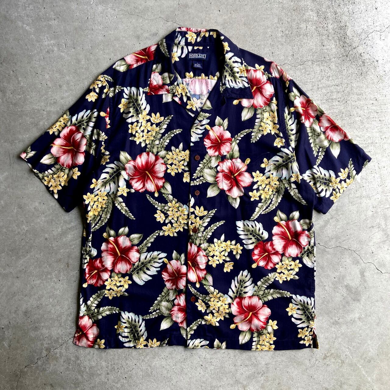 H*.様 ビンテージ レーヨン アロハシャツ ネイビー LANDS' END ランズエンド 半袖 レーヨン アロハシャツ メンズL 古着
