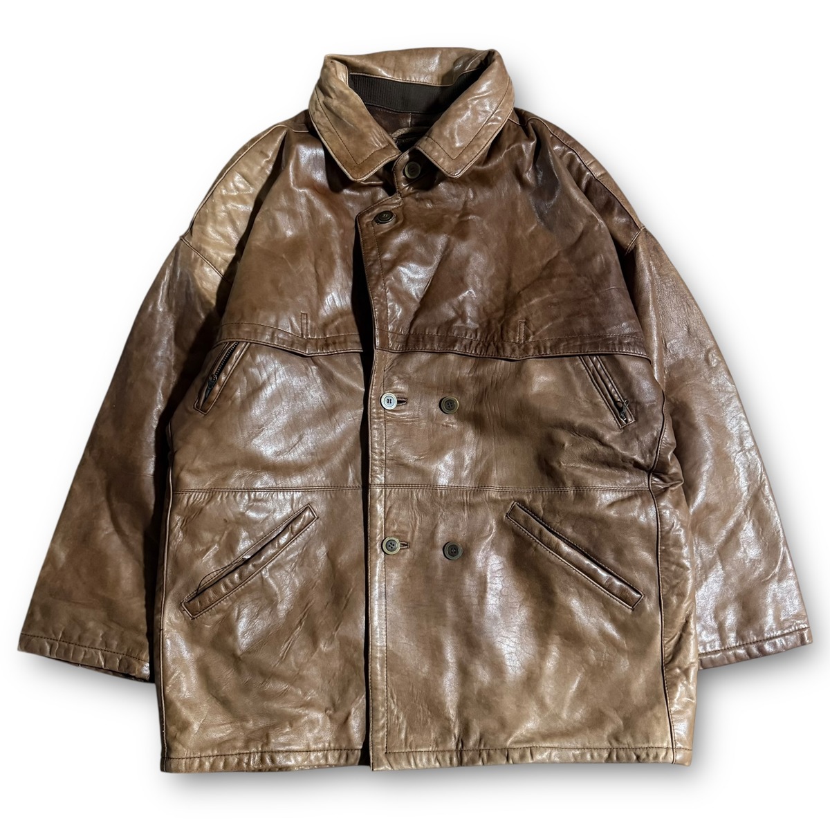 90's double sheep leather coat jacket made in Spain / ダブルラムレザーコートジャケット ...