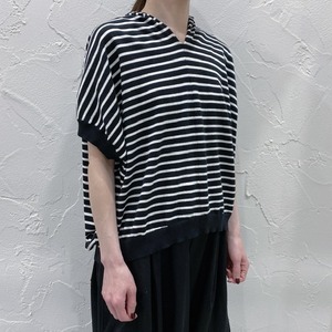 TANG ハイツイストコットン チビフードボーダー半袖プルオーバー