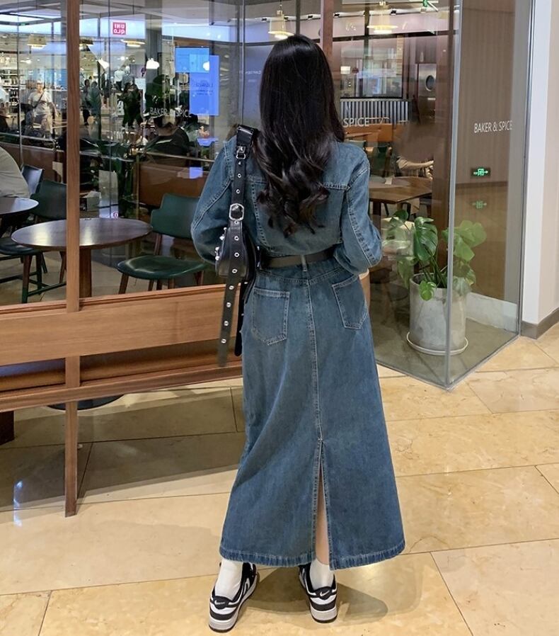 ワンピース デニムワンピース ロング丈 フロントボタン 襟あり ポロ襟