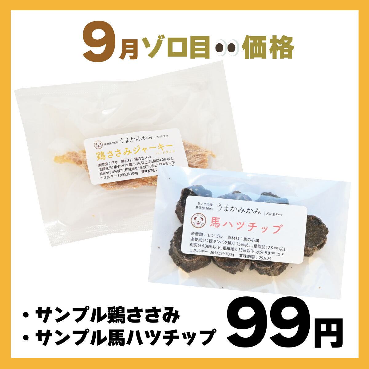 【9月ゾロ目】サンプル2種セット(鶏ささみジャーキーと馬ハツチップ)期限:26.12.30