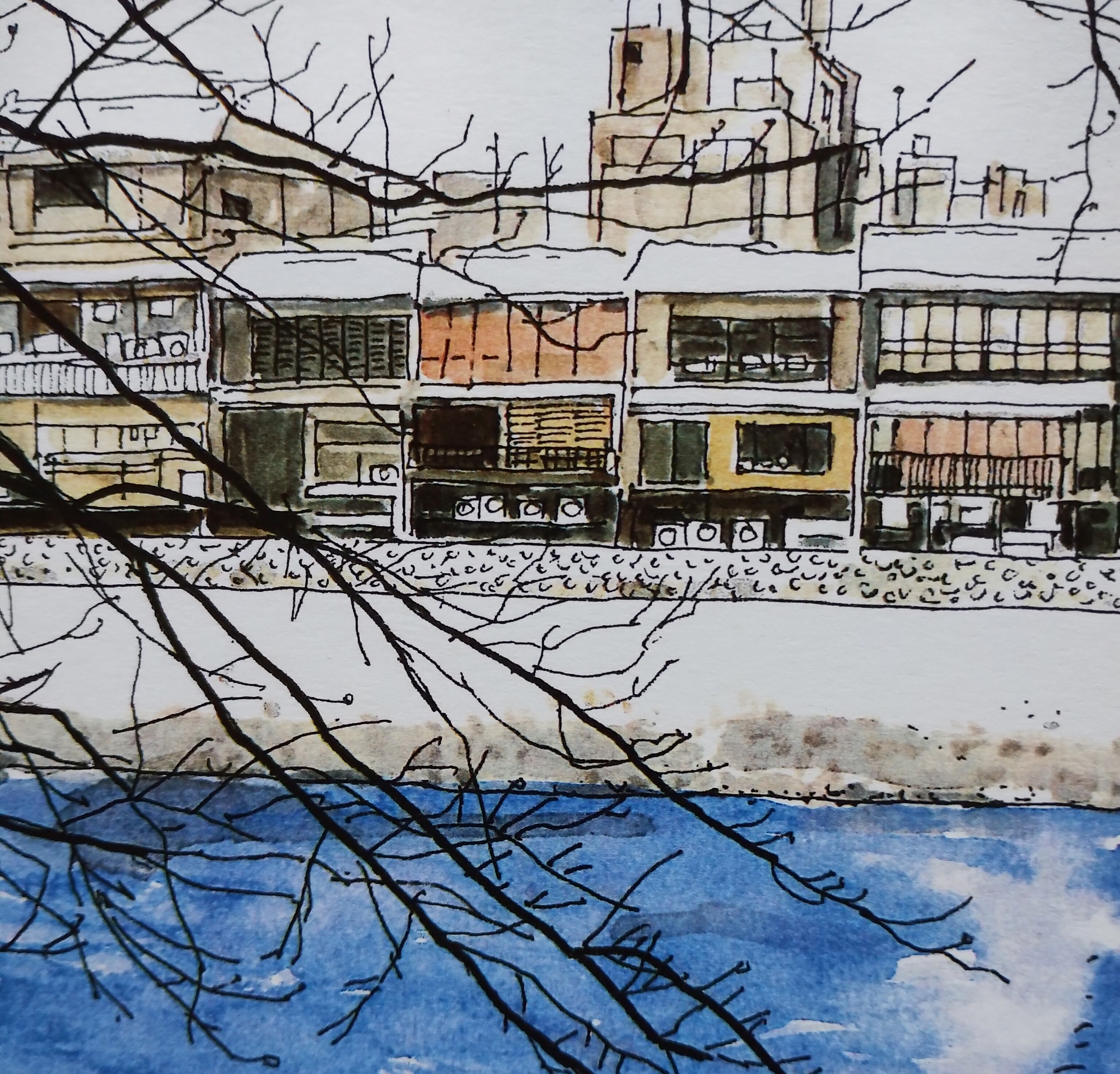 A4サイズ「 京都 雪の鴨川」 京の水彩画工房 | 京の水彩画工房