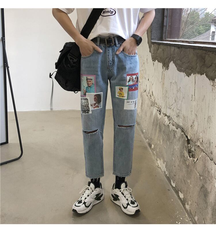 全1色 デニム パンツ ストレート カジュアル プリント