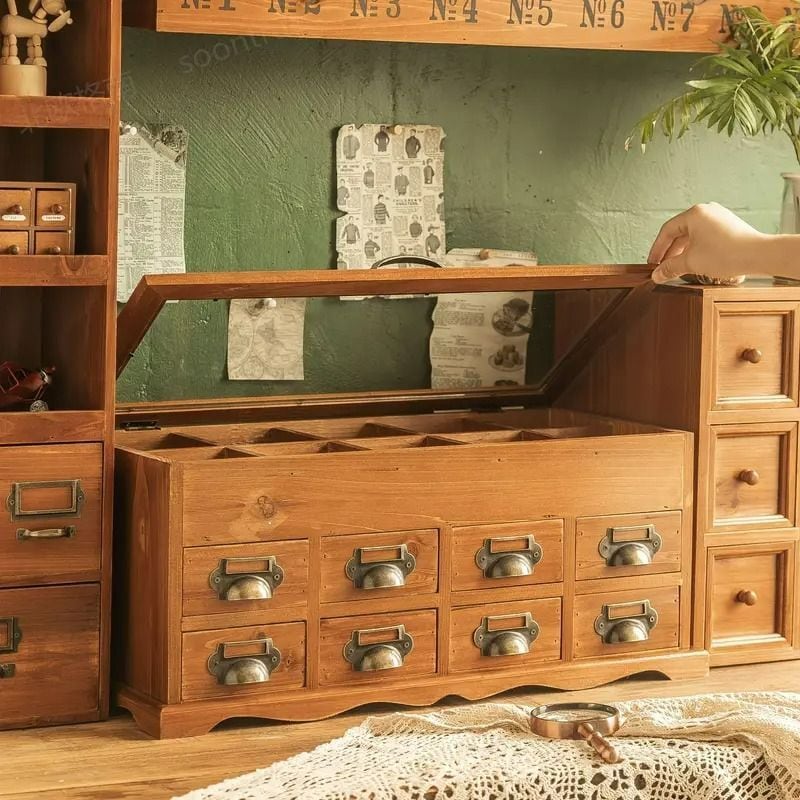 レトロ　アンティーク　収納　引き出し　小物入れ　ヴィンテージ　インテリア家具 収納ボックス ヴィンテージ調 木製 引き出し付き 多層ガラス製 手芸