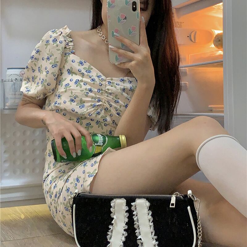 ドレス サマーショートスリム薄手半袖スリーブプリーツフローラル ハーフスリーブ 夏物 花柄 スクウェア ビッグFスモールZ韓国14993728522