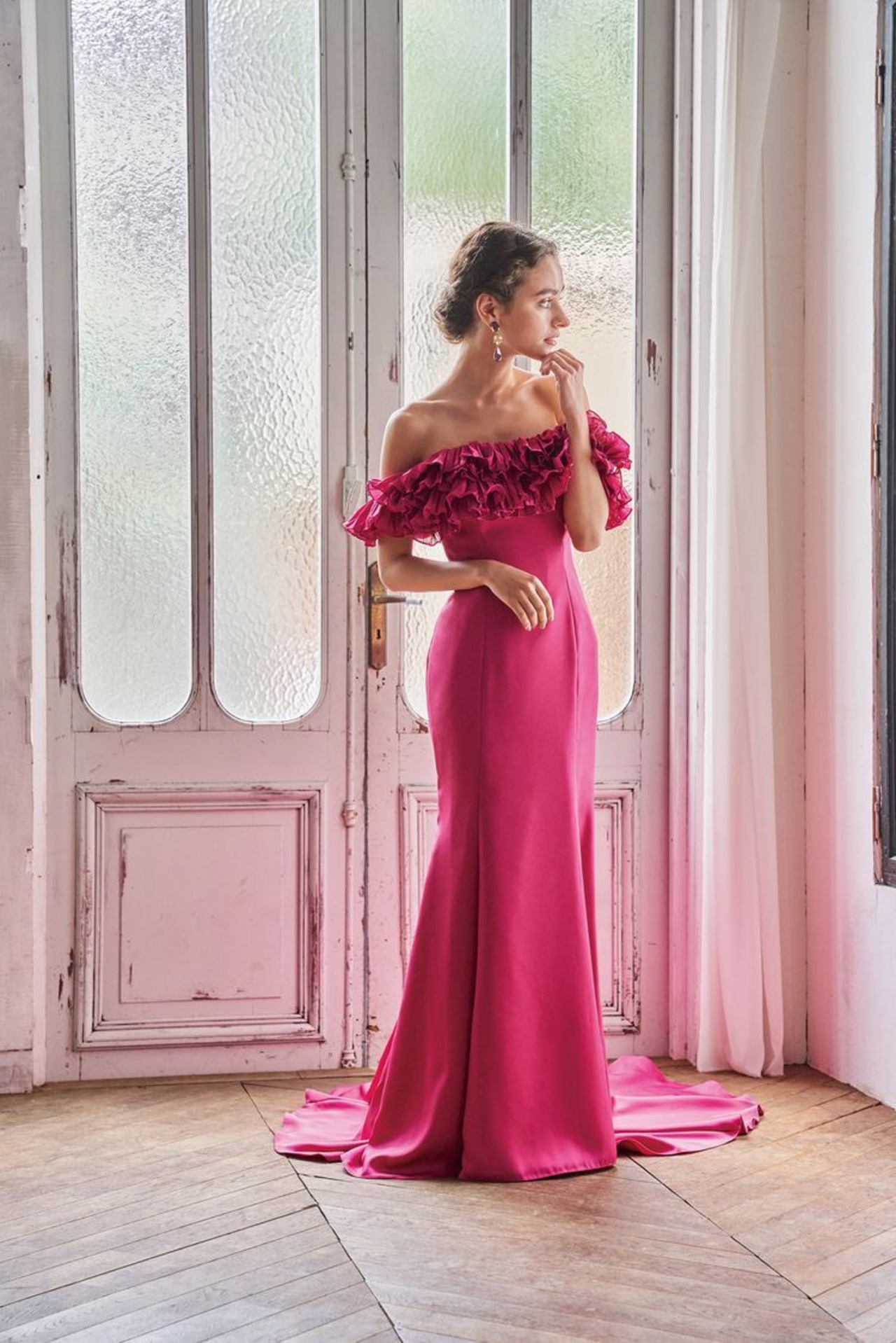 パーティードレス 取り外しオフショルダー ビビッドピンク ソフト  