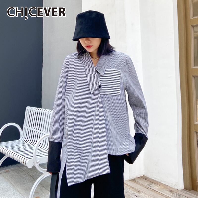 CHICEVERパッチワークストライプシャツレディースラペル長袖ヒットカラーサイドスプリットルーズヴィンテージブラウス2020オータムタイド ロング 秋物 ビンテージ 6base545679370822