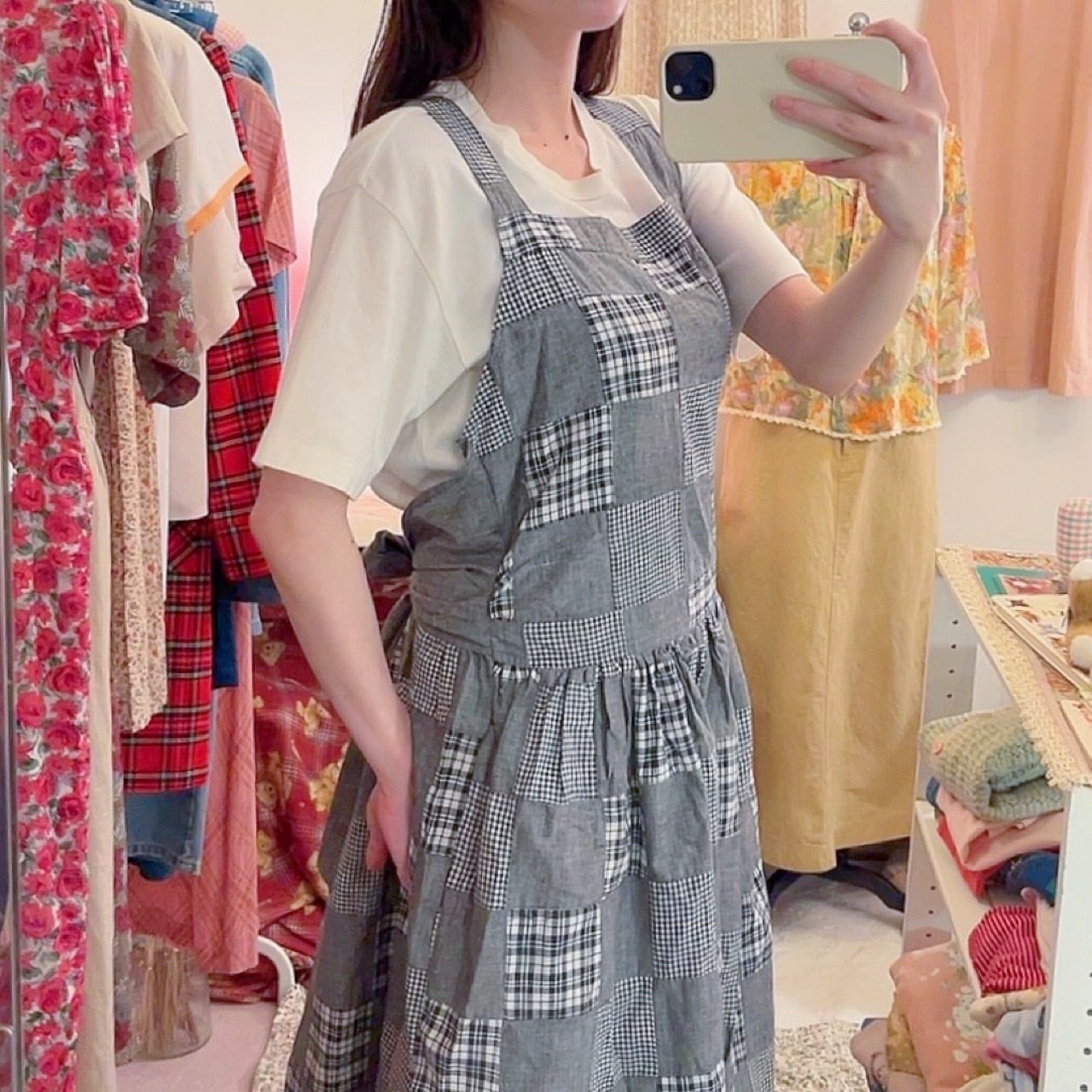 patchwork check apron one-piece