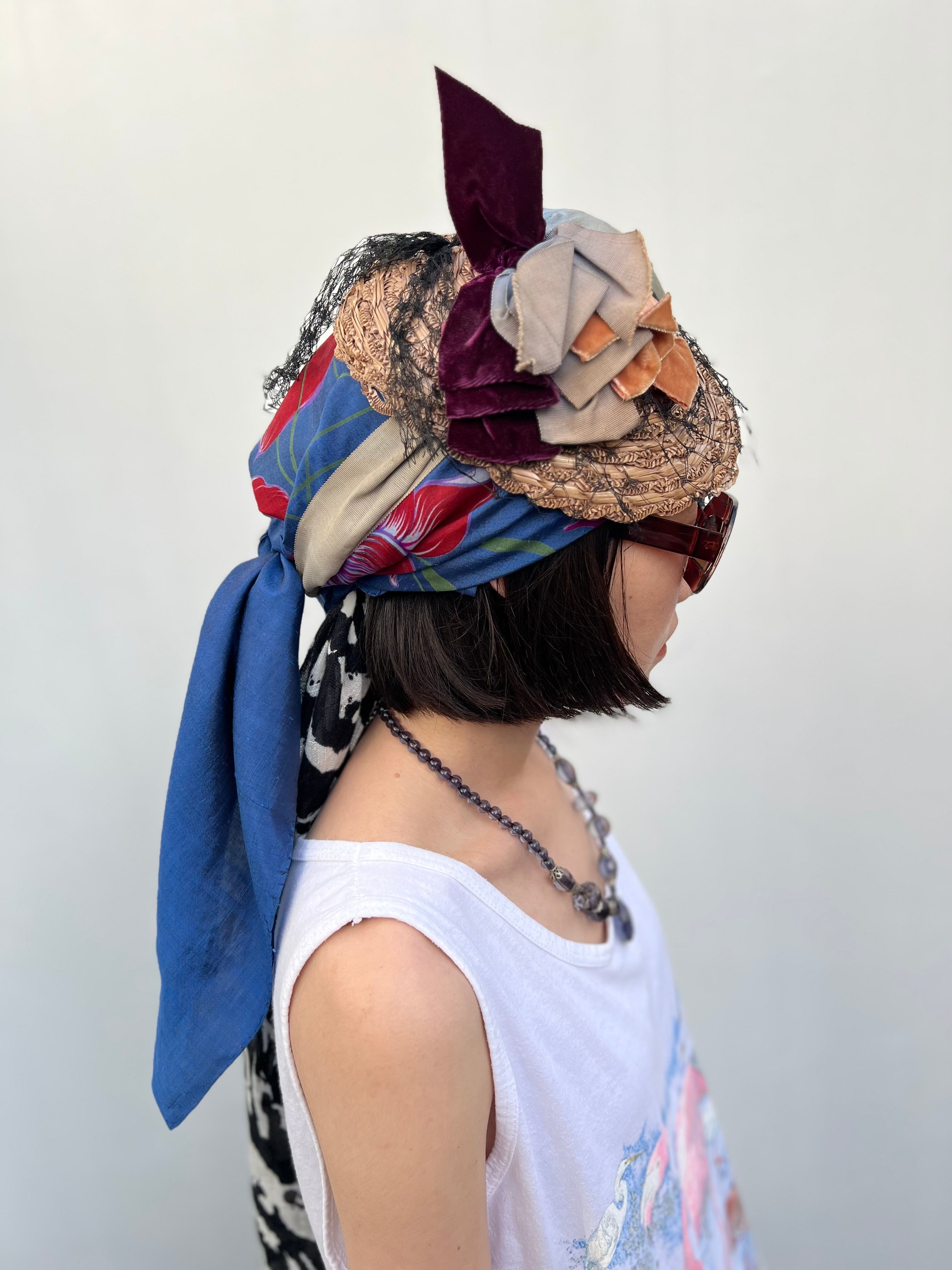 Vintage Thai silk navy × floral scarf ( ヴィンテージ タイシルク