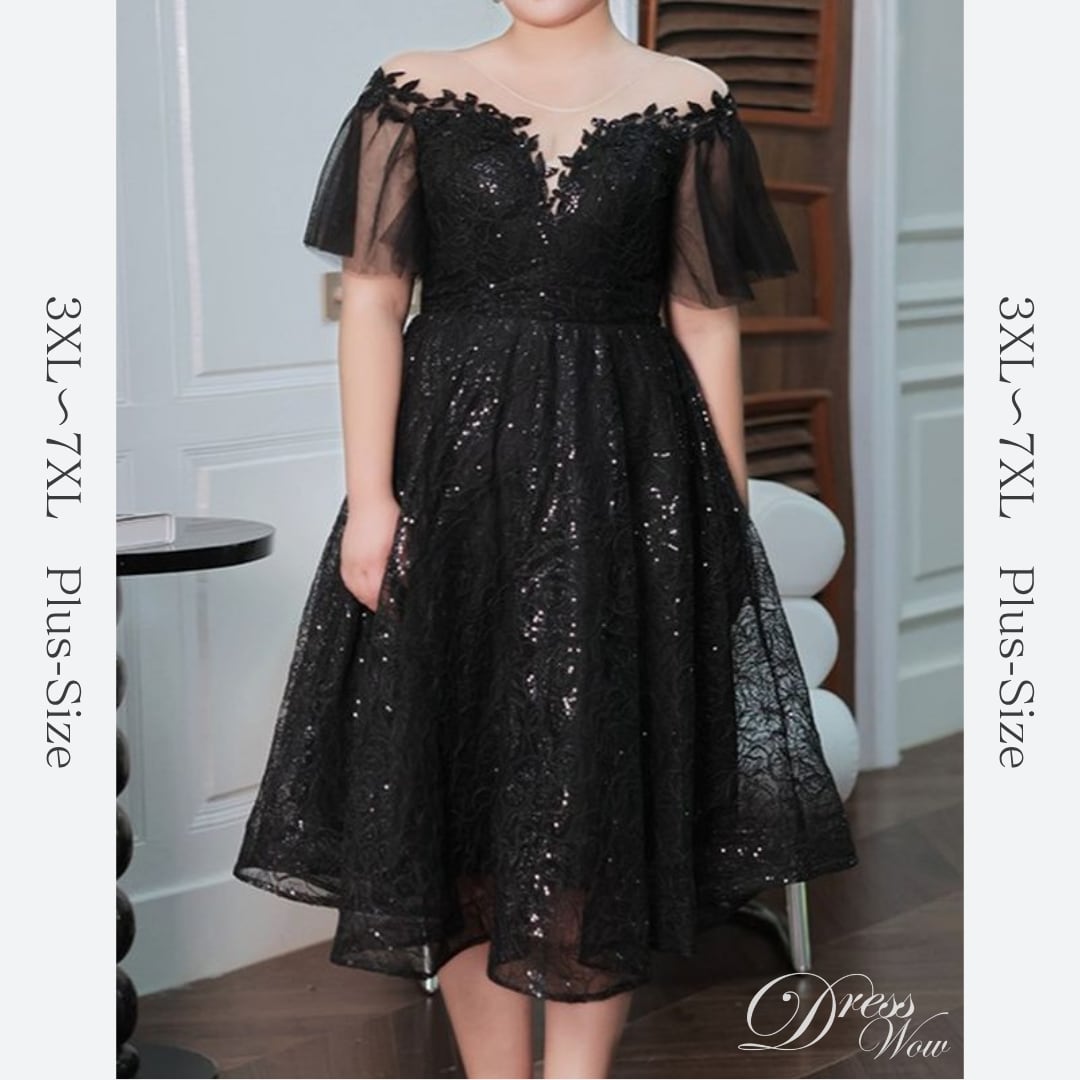 【3XL〜7XL】スパンコールオーガンジーミディ丈ドレス D1613