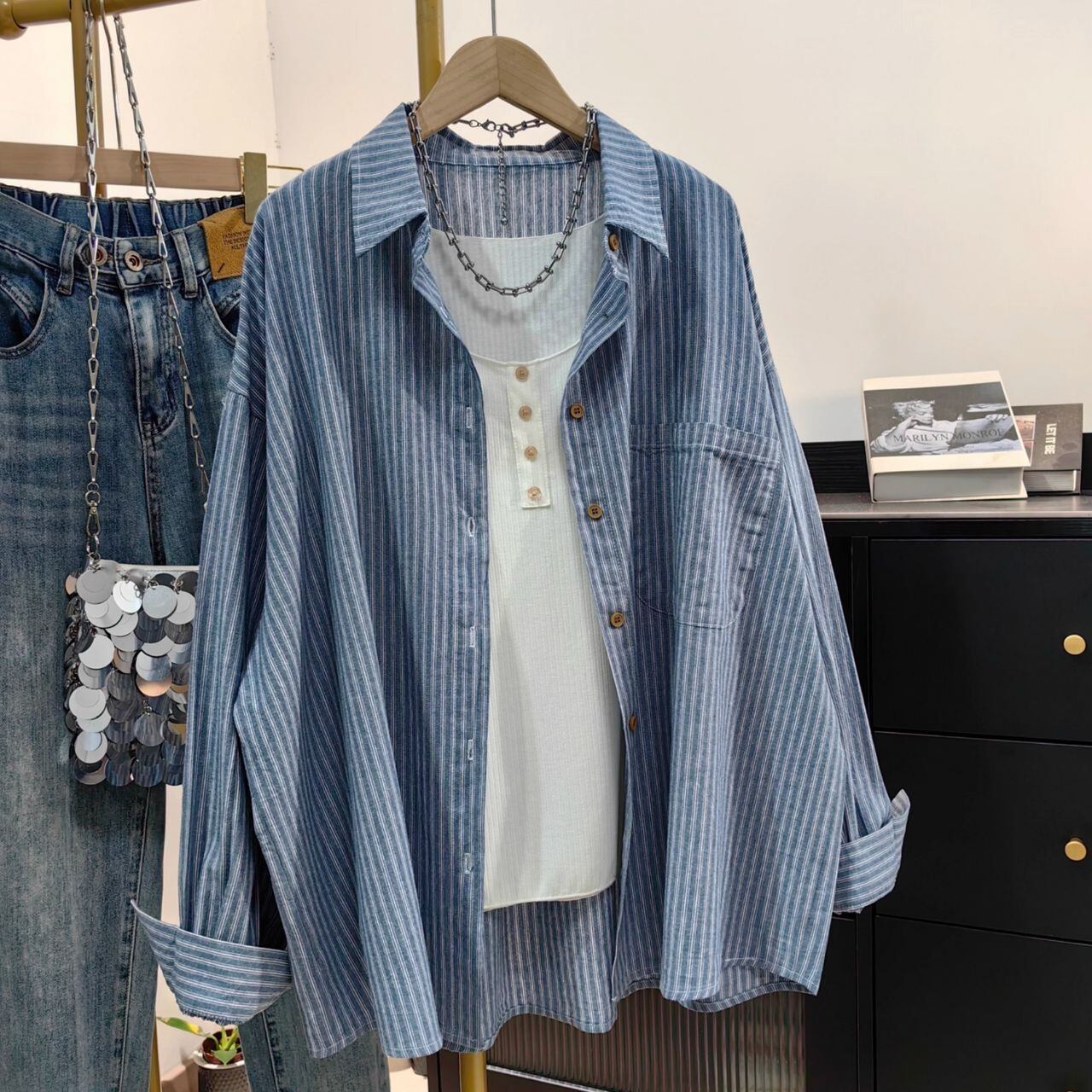 ドロップショルダー ゆったりストライプシャツ Ln00364