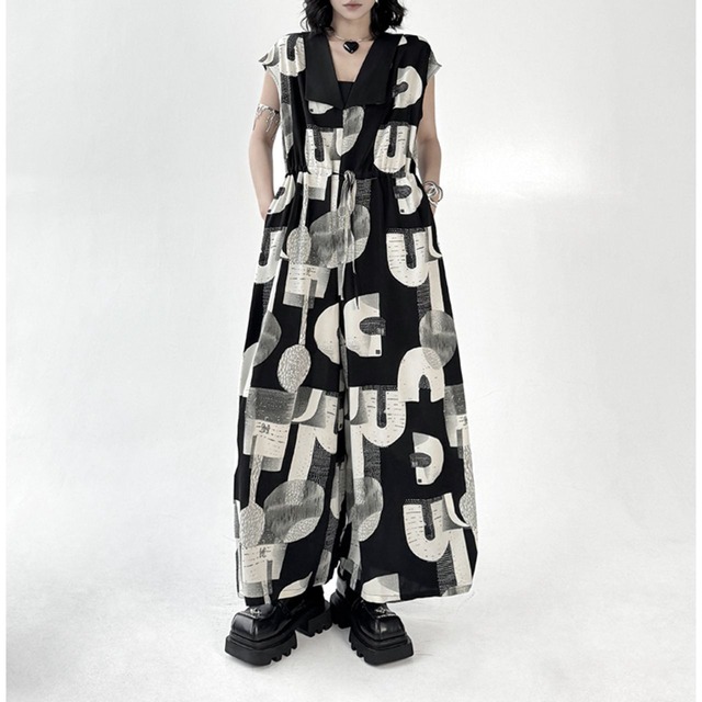 Abstract pattern sleeveless wide leg jumpsuit C1091