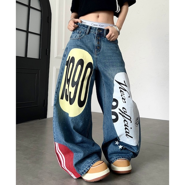 オーバルグラフィックダメージライクカーブデニムパンツ 2col R02531