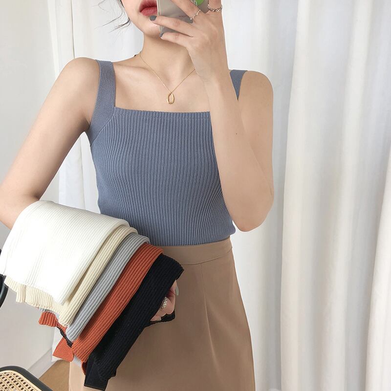 スプリングスリムショートニットシャツ ノースリーブトップス 春物 スーパーモール44188737906