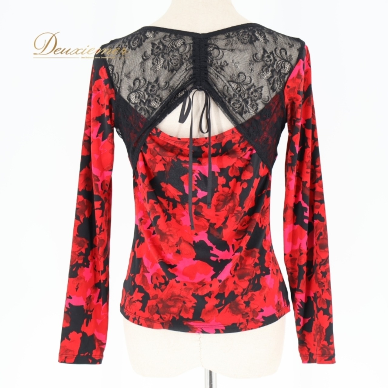 社交ダンス 衣装 トップス ブラウス ブラック系 チャコット Chacott レース 花柄 黒 赤 鮮やか 練習 レッスン 伸縮 ストレッチ 上品 かわいい 長袖 華やか リボン ダンス衣装 パーティー レッド系