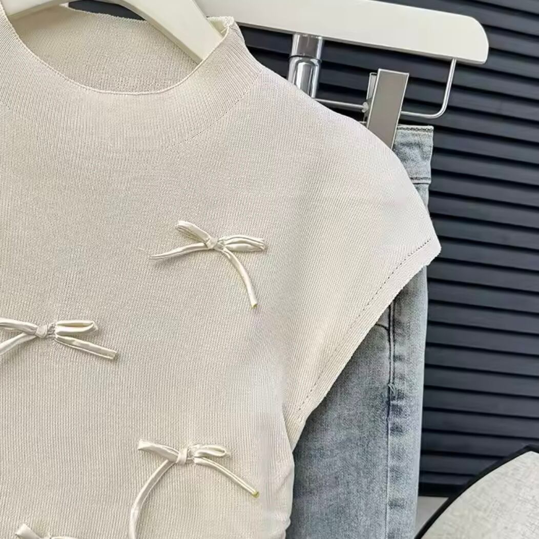 リボンモチーフクルーネックニットTシャツ