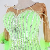 社交ダンス 衣装 スタンダードドレス ワンピース ドレス フロート リボン 黄緑 軽い イタリア製 ペチコート RS デモ 競技 ダンス パーティ 発表会 蛍光 ファー パール 高級感 鮮やか グリーン系 イベント服 踊り用ドレス パール装飾 スポーツウェア ダンス用衣装 フェスティバル ドレス 舞台衣装