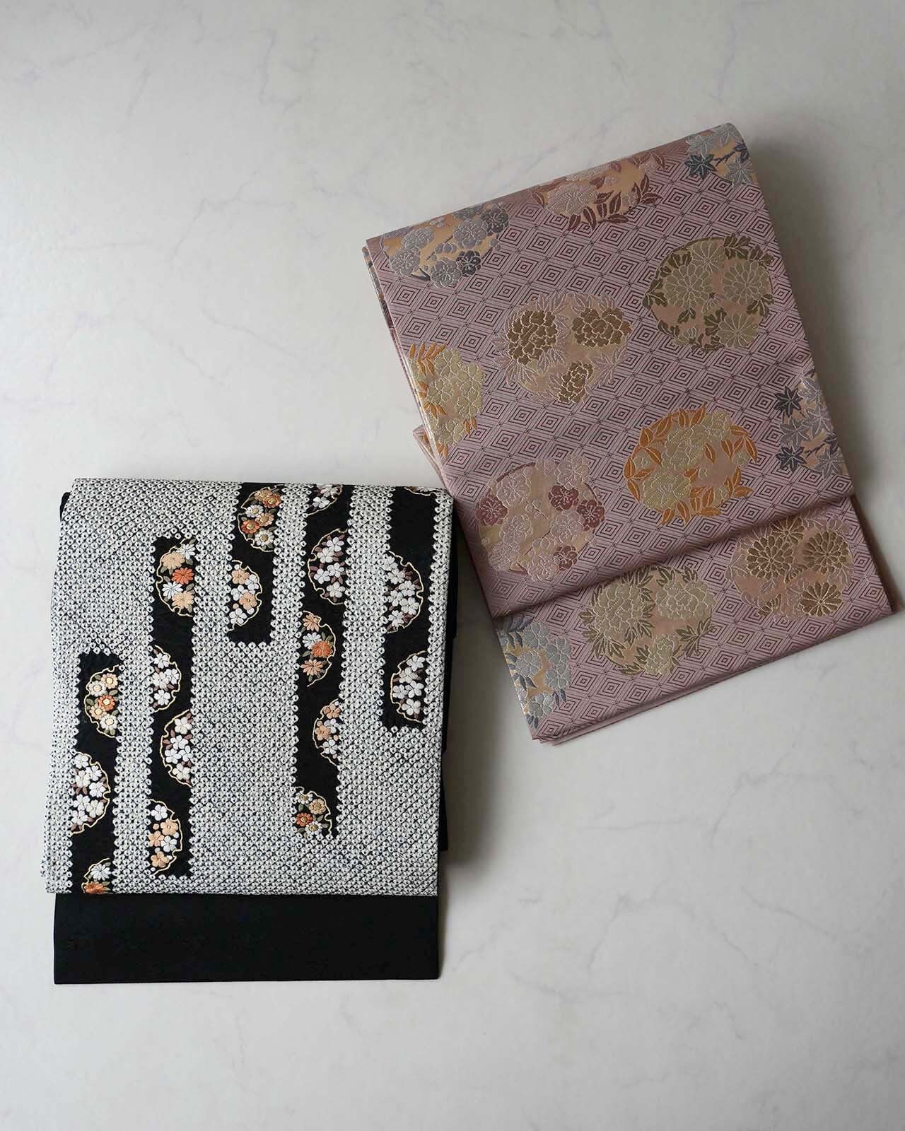 なごや帯】黒地 疋田絞り 雪輪に花々の刺繍のなごや帯 | 大山キモノ