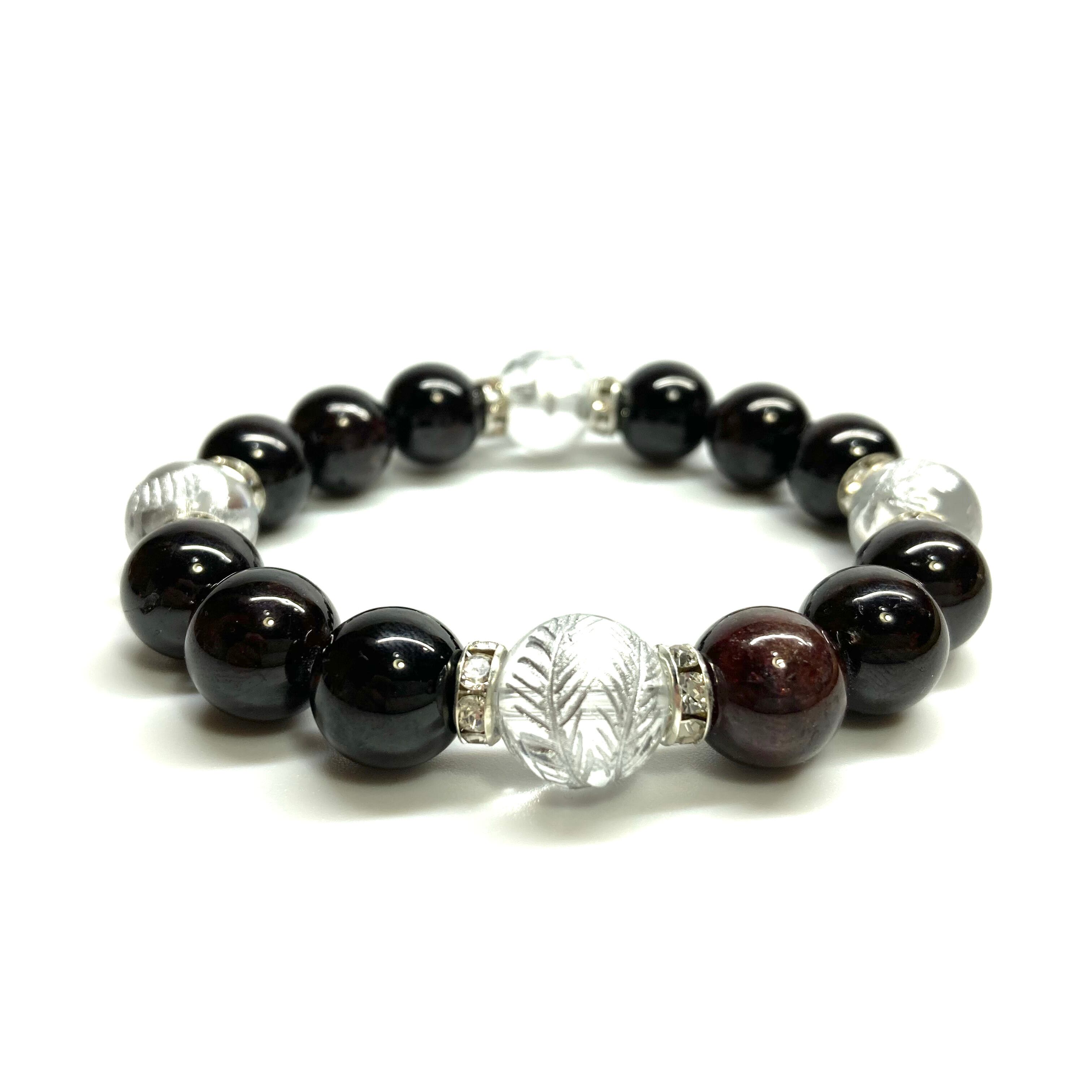 12mm 四神獣銀彫水晶×ガーネット パワーストーン ブレスレット天然石