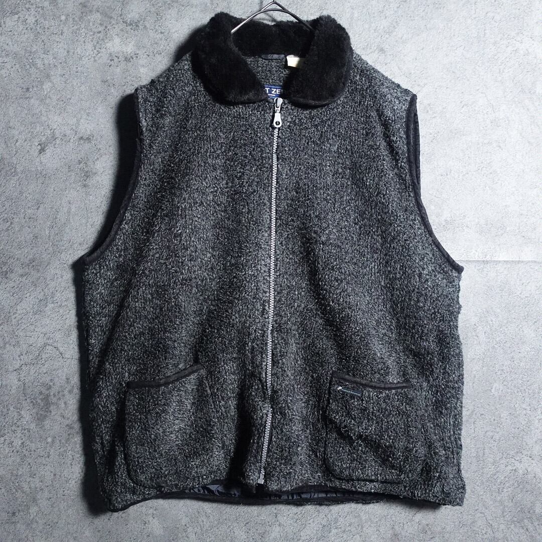 Black & Gray Fur Collar Switching Design Fleece Vest