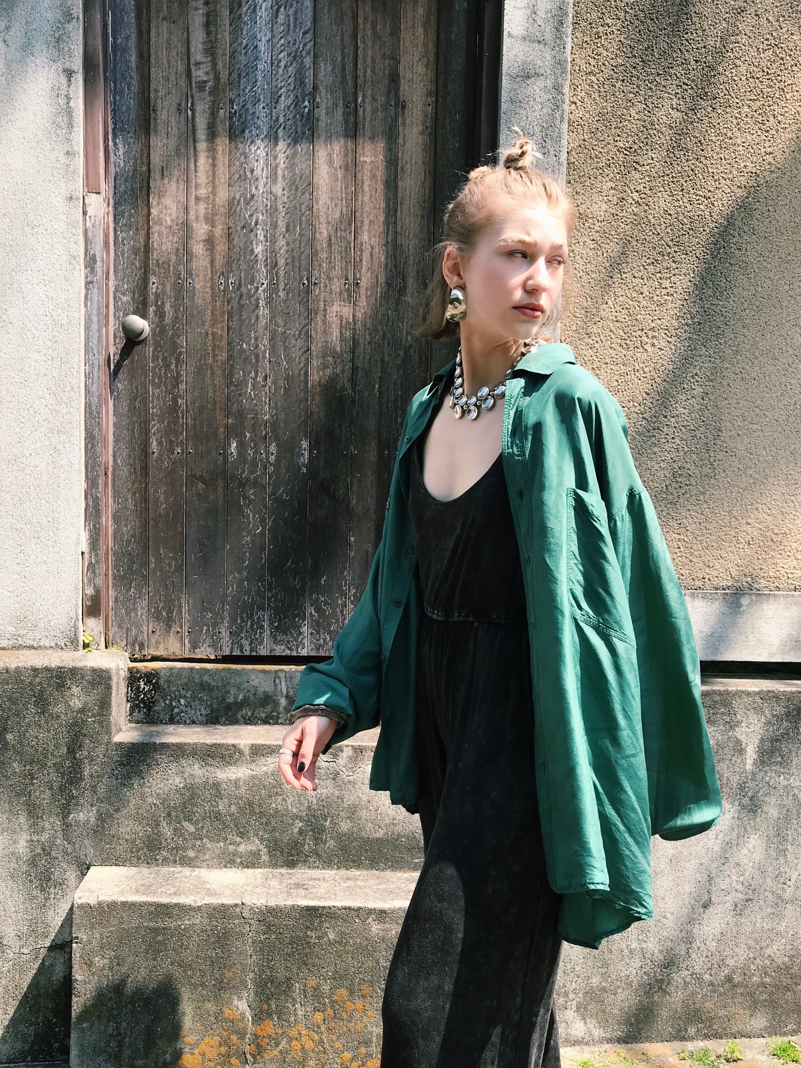 80s green big silk shirt ( ヴィンテージ グリーン ビッグ シルク