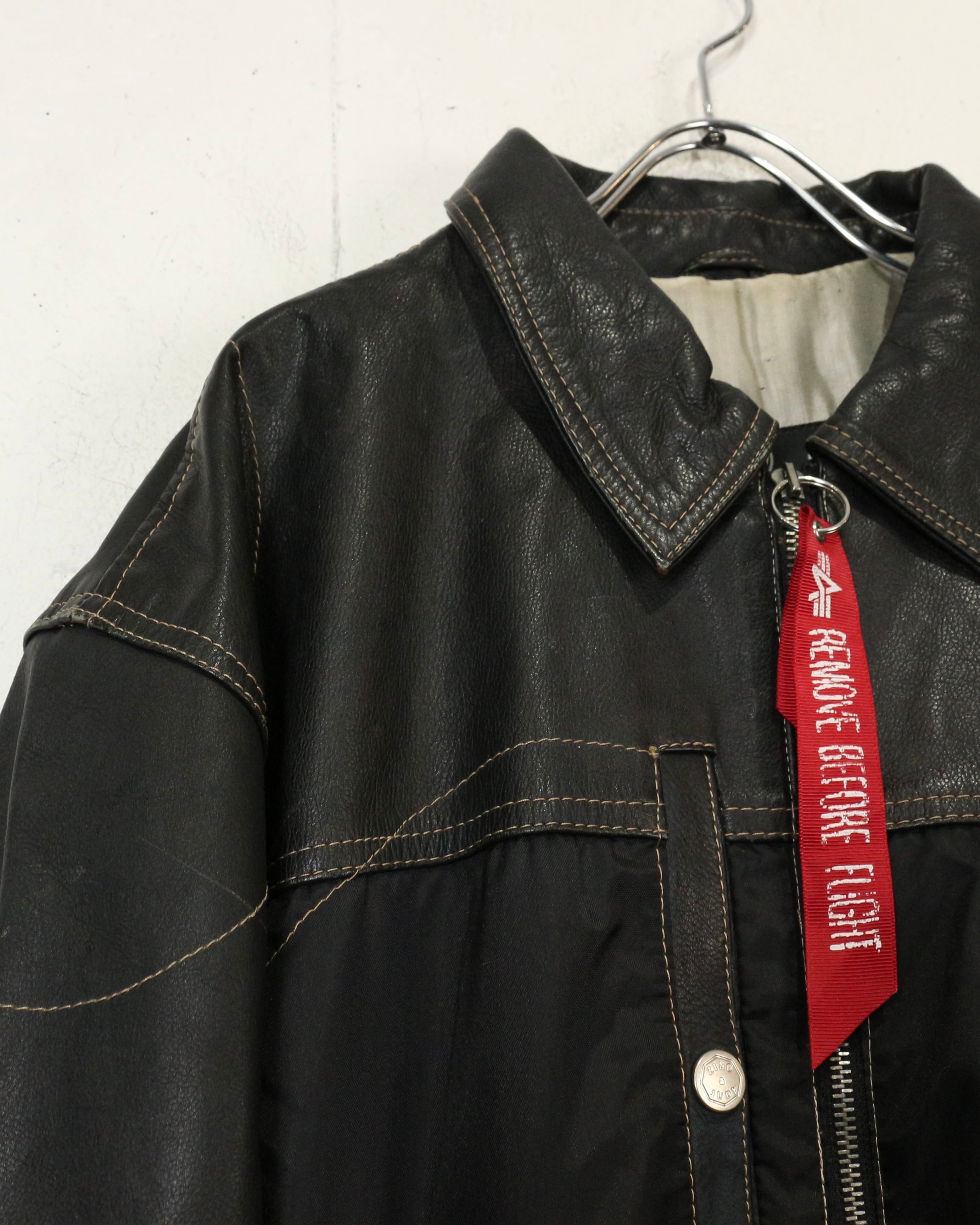 Caka act2】90's “Zino&Judy” Nylon Switching Vintage Leather Jacket