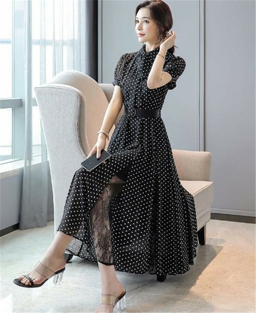 限定発売 高品質で 韓国ファッション シフォン 大きい裾 プリント ミニドット Aライン ワンビース
