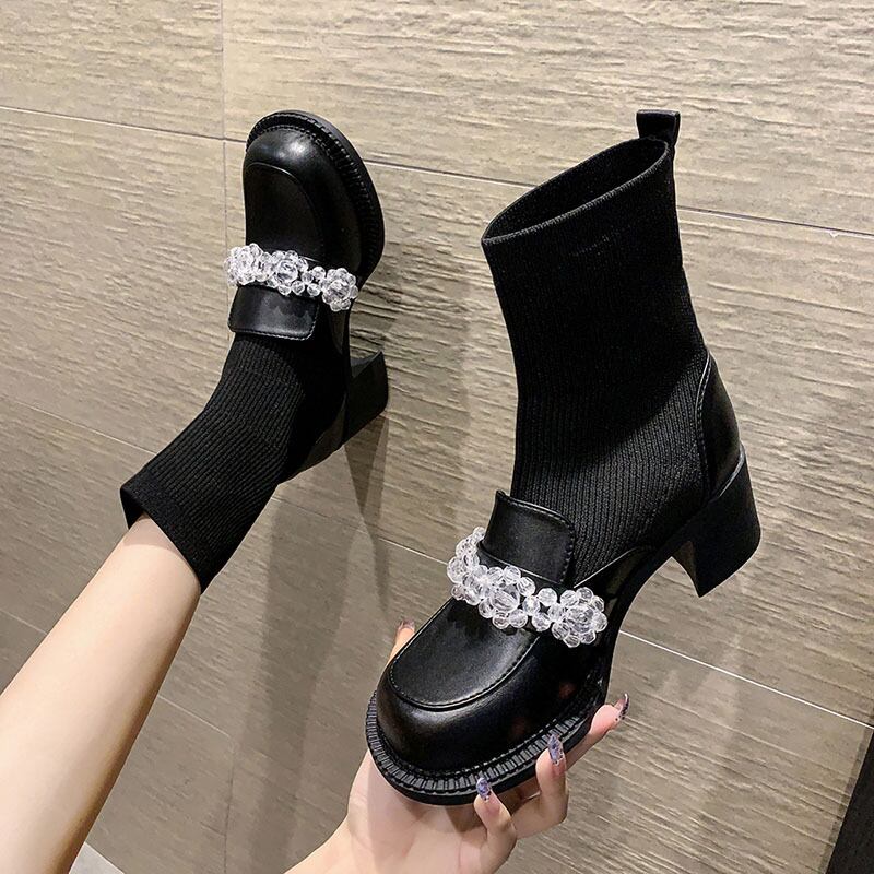 ショートソックス ブーツサマークリスタルFlowerデザイン スタイルストレッチ 靴 シューズ エラスティック 伸縮 夏物 タイツ ストッキング フラワーデザイン フェイクシューズ77197074389