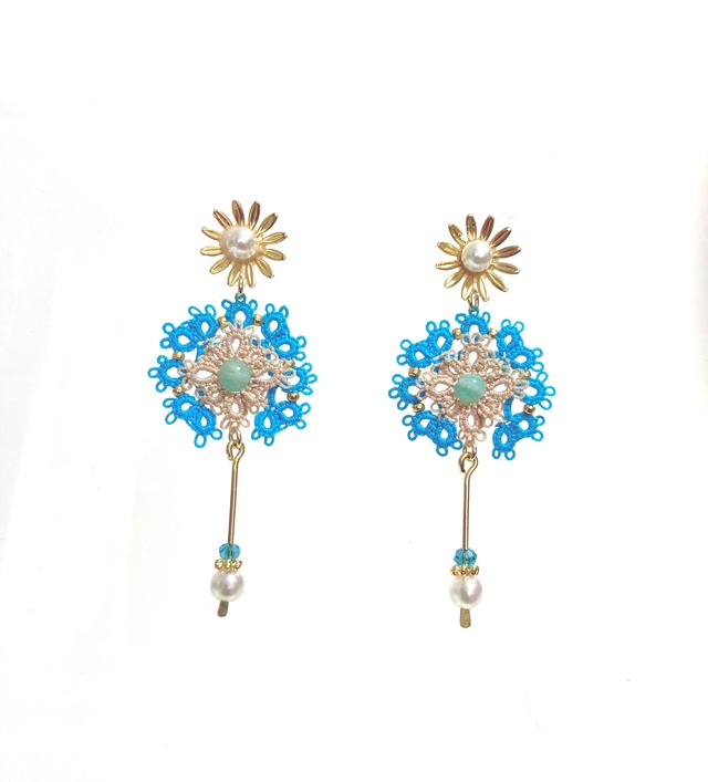 【紫陽花にフェイクパールを垂らした】アマゾナイトのタティングレースピアス-水色-