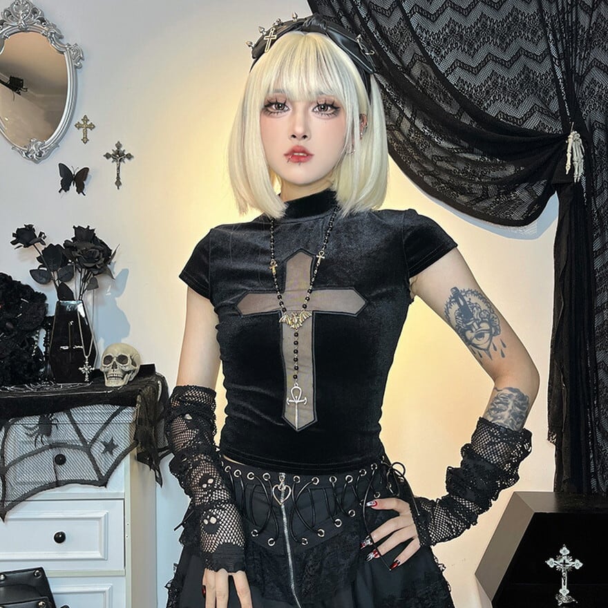withU　ゴスロリ　クロス ゴスロリ通販 With U Tシャツ ハードゴシック クロス 十字架