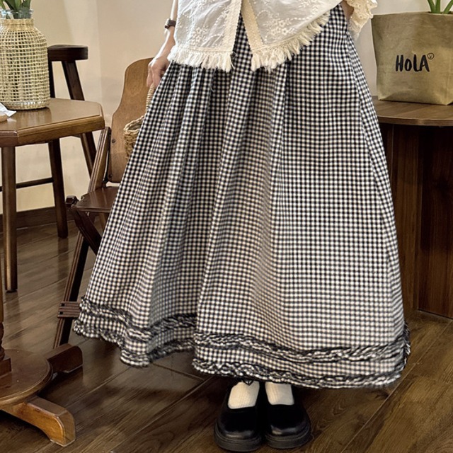 ギンガムチェックシャーリングフレアロングスカート 1047