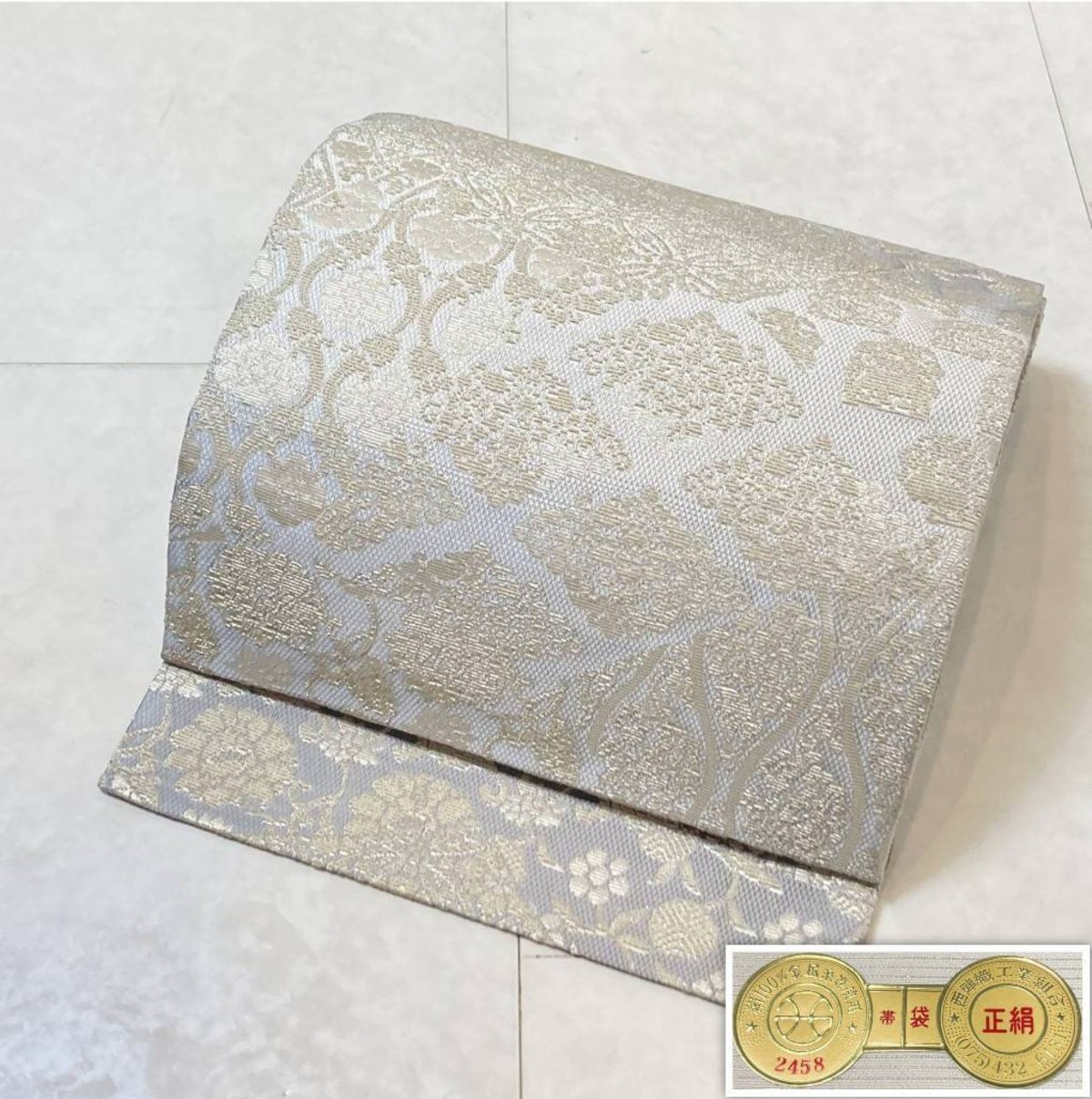 未使用 有栖川織物 金華山織 西陣織 袋帯 銀糸 正絹 白 水色 シルバー 699 | kimono Re:和 [online store ...